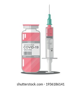 Icono del vector COVID-19 de la vacuna. Vial de jeringa y vacuna verde, frasco de medicamento sobre fondo verde. Concepto de coronavirus. Icono plano de una ampolla médica. Ilustración vectorial aislada