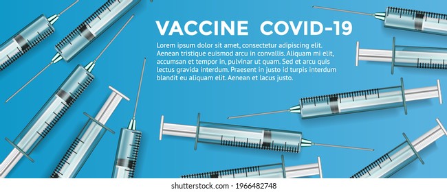 Vaccine COVID-19 vector icon. Syringe of medicine on blue background. Coronavirus concept. Health illustration banner.