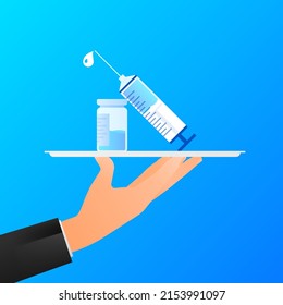 Vaccine COVID-19 vector icon. Syringe and blue vaccine vial. Vector illustration