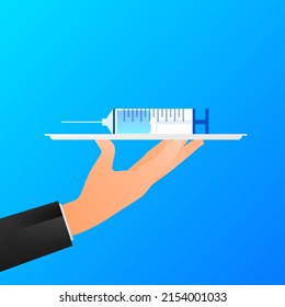 Vaccine COVID-19 vector icon. Syringe and blue vaccine vial. Vector illustration