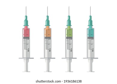 Vaccine COVID-19 Vektorsymbole. Leere Spritzen zur Injektion. Coronavirus-Konzept. Flache Symbole eines Arztes. Einzelne Vektorgrafik