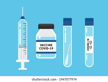 Vector de la vacuna Covid-19. Jeringa y vector de la vacuna. Inflamación de coronavirus en el vector del tubo de ensayo. Kit de frotis de prueba Covid-19.