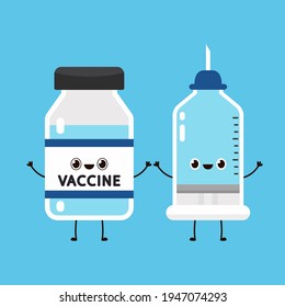 Vaccine Covid-19 vector. Vaccine virus Covid-19. Bottle vaccine and Syringe character design.