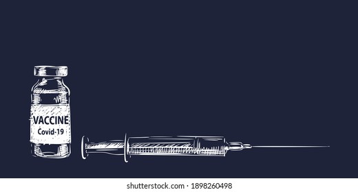 Vaccine Covid-19 vial medicine bottle and syringe vector drawing, White drawing on dark blue background. Fight against coronavirus. Vaccination, immunization, treatment