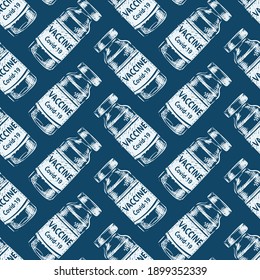 Vaccine covid-19 vials seamless pattern. Vaccination, injection, Medical vial doodle hand drawn style geometric order. Fight against coronavirus novel virus disease dark blue background