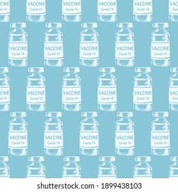Vaccine covid-19 vials seamless pattern. Vaccine, vaccination, injection, Medical vial doodle hand drawn style many in a raw on light blue background. Fight against coronavirus novel virus disease