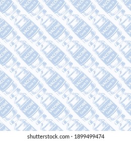 Covid-19 Durchstechflaschen aus dem Impfstoff nahtlos. Impfung, Injektion, medizinische Durchstechflasche Doodle handgezeichnet viele diagonale geometrische Reihenfolge auf hellblauem Hintergrund. Bekämpfung von Coronavirus