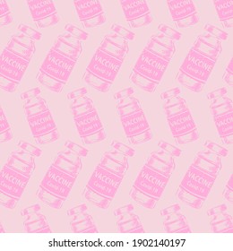 Vaccine covid-19 vials seamless pattern. Vaccination, injection, Medical vial doodle hand drawn style geometric order. Fight against coronavirus novel virus disease light pink background