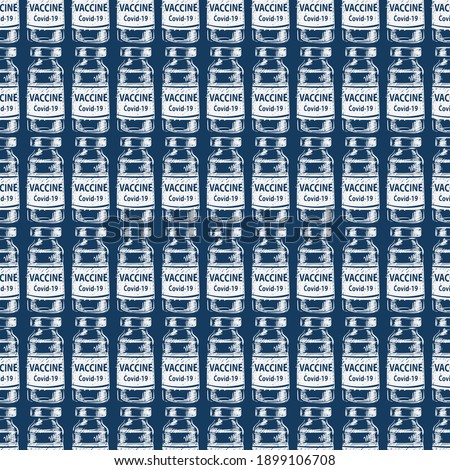 Vaccine covid-19 vials seamless pattern. Vaccine, vaccination, injection, Medical vial doodle hand drawn style many in a raw. Fight against coronavirus noveal virus disease dark blue background