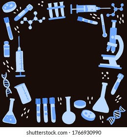Creación de vacunas. Concepto de investigación médica científica basado en patrones decorativos. Microscopio, frasco químico, jeringas y herramientas de laboratorio. Ilustración vectorial dibujada a mano plana.