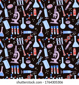 Vaccine creation. Seamless pattern scientific medical research concept. Microscope, chemistry flask, syringes and lab tools. Flat hand drawn vector illustration on black background.