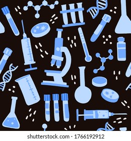 Vaccine creation. Seamless pattern scientific medical research concept. Microscope, chemistry flask, syringes and lab tools. Flat hand drawn vector illustration on black background.