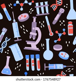 Vaccine creation. Seamless pattern scientific medical research concept. Microscope, chemistry flask, syringes and lab tools. Flat hand drawn vector illustration on black background.