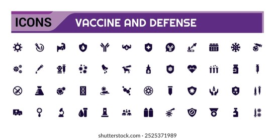 Solide Symbole für Impfstoff und Verteidigung. Immunsystem, Spritze, Maske, Probiotikum, Antigen und mehr, Gefüllte Icon Sammlung Vektorgrafik.