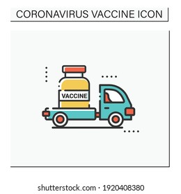 Vaccine delivery color icon. Truck delivers vaccine. Health care, worldwide medicine. Stop coronavirus pandemic. Fight against Covid19 disease. Isolated vector illustration