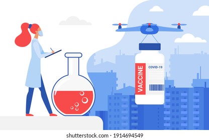 Vaccine delivery concept vector illustration. Cartoon doctor character controls drone transport postal service to deliver vaccine bottle during vaccination, modern transportation technology background