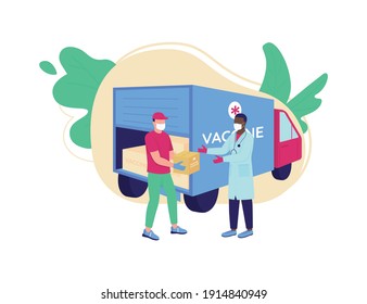 Ilustración vectorial de concepto plano de entrega de vacunas. Distribución de drogas. Envío de medicamentos. Paquete de envío de Courier a los personajes de dibujos animados 2D para el diseño web. Idea creativa para la atención de la salud