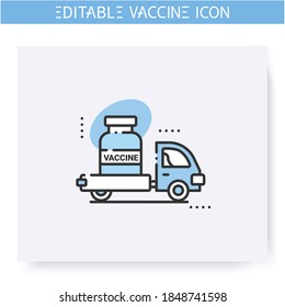 Vaccine delivery line icon. Truck delivers vaccine. Health care, worldwide medicine. Stop coronavirus pandemic. Fight against Covid19 disease. Isolated vector illustration. Editable stroke 