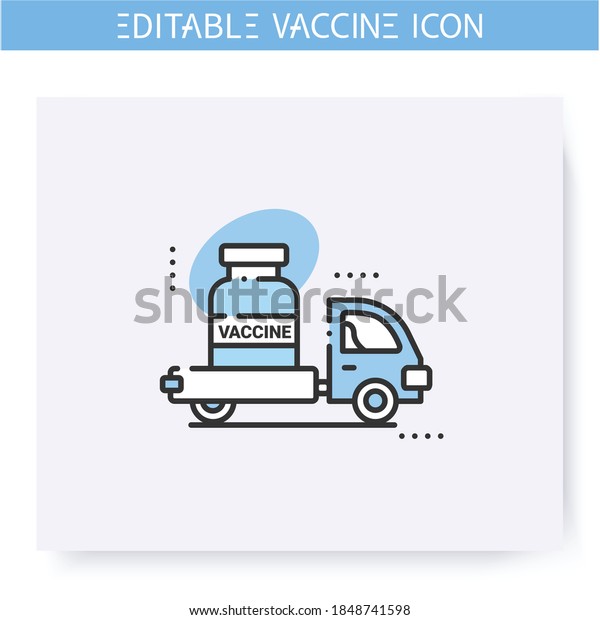 Vaccine\
delivery line icon. Truck delivers vaccine. Health care, worldwide\
medicine. Stop coronavirus pandemic. Fight against Covid19 disease.\
Isolated vector illustration. Editable stroke\
