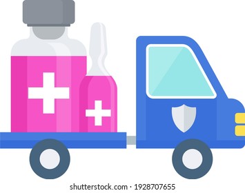 Vaccine delivery plan icon. Truck carries the vaccine to the patients. Distribution and delivery of medical products. Protect people from the coronavirus pandemic. Global immunization.