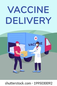Vaccine Delivery Plakat flache Vektorvorlage. Covid-Verteilung. Broschüre, Broschüre ein Seite Konzept Design mit Zeichentrickfiguren. Flyer für Gesundheit und Medizin, Packungsbeilage mit Kopienraum