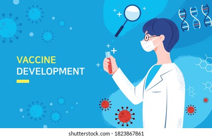 Vaccine development concept illustration banner. A man scientist is doing vaccine research and development.