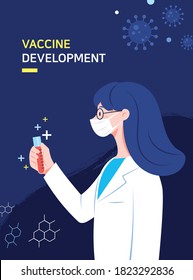 Vaccine development concept illustration poster. A woman scientist is doing vaccine research and development.