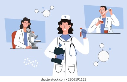 Vaccine development concept. Man and women in medical gowns with microscope and test tubes witrh reagents. Scientific experiments in chemical laboratory. Cartoon flat vector illustration