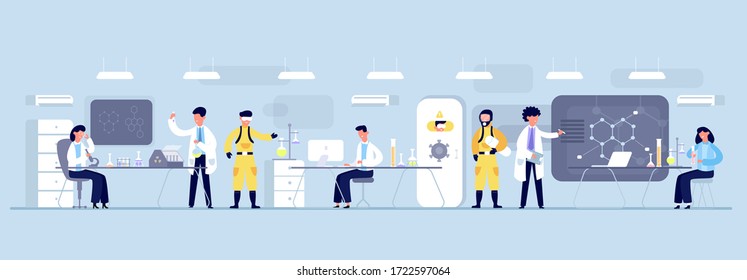 Vaccine development concept. Scientists biochemical laboratory spend bio-genetic tests coronovirus test tubes, analysis research, dna formula, microscope, protective suits. Vector flat illustration.