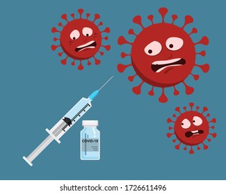 Vaccine development for coronavirus. Cure covid-19. Fight 2019-ncov. Corona viruses afraid of vaccine syringe injection. Vector illustration on blue background.