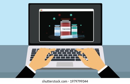 Vaccine Development of a COVID-19 vaccine on laptop screen vector.
