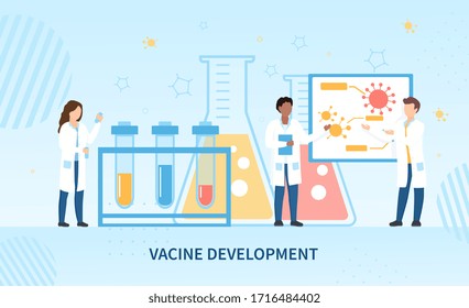 Vaccine development for Covid-19 pandemic with a group of diverse scientists doing testing and research in a laboratory, colored vector illustration with copy space