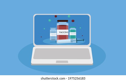 Vaccine Development and creation of a COVID-19 vaccine on laptop screen.