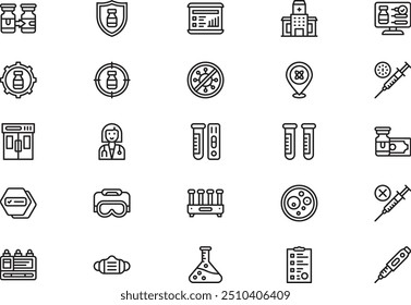 La colección de iconos de desarrollo de vacunas es una Ilustración vectorial con un trazo editable.