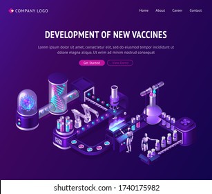 Vaccine development in laboratory isometric landing page, ai cyborgs managing conveyor belt with robotics arms, covid19 virus cell, medical bottles and huge dna spiral projection, 3d vector web banner