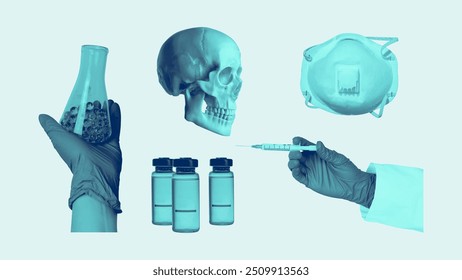 Vaccine development, medical and healthcare collage isolated, blue color. Medicine for monkey pox disease treatment. Mpox virus prevention. Vector illustration