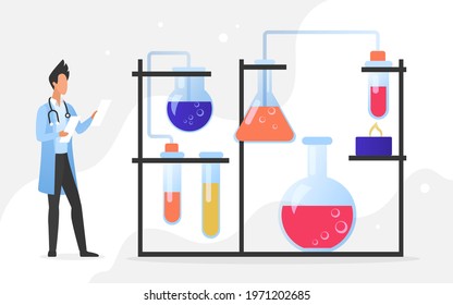 Vaccine development in scientific laboratory, medicine science healthcare technology vector illustration. Cartoon man medical worker character develops vaccine medication with lab equipment background