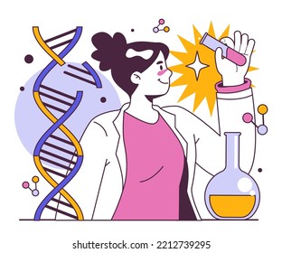 Vaccine development. Scientist work with DNA molecule structure. Sscience technology for disease prevention. Flat vector illustration