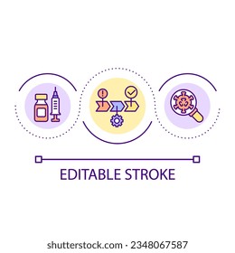 Vaccine development stages loop concept icon. Immunization. Virus spreading prevention abstract idea thin line illustration. Isolated outline drawing. Editable stroke. Arial font used