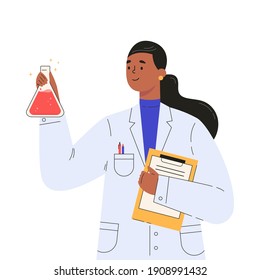 Vaccine discovery concept. Scientists doctor with flasks and folder working on antiviral treatment development. Young female doctor in a medical gown. Vector illustration in flat cartoon style.