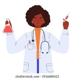 Vaccine discovery concept. Scientists doctor with flasks and syringe working on antiviral treatment development. Young female doctor in a medical gown. Vector illustration in flat cartoon style.