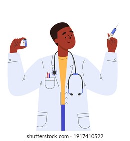 Vaccine discovery concept. Scientists doctor with test tube and syringe working. Young male african american doctor in a medical gown. Vector illustration in flat cartoon style.