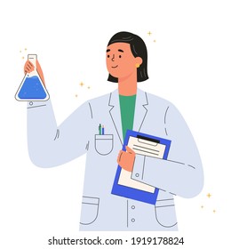 Vaccine discovery concept. Scientists doctor with flasks and folder working on antiviral treatment development. Young female doctor in a medical gown. Vector illustration in flat cartoon style.