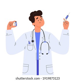 Vaccine discovery concept. Scientists doctor with test tube and syringe. Young male doctor in a medical gown. Vector illustration in flat cartoon style.