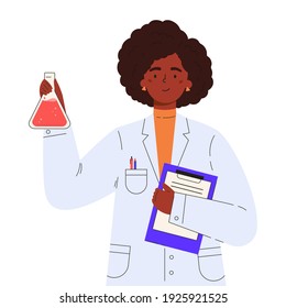 Vaccine discovery concept. Scientists doctor with flasks and folder working on antiviral treatment development. Young female doctor in a medical gown. Vector illustration in flat cartoon style.