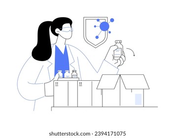 Ilustración vectorial del concepto de distribución de vacunas abstracta. Los farmacéuticos empaquetan las vacunas en cajas, el sector de la medicina, el mercado farmacéutico, las enfermedades pandémicas covid-19, la metáfora abstracta del transporte de medicamentos.