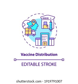 Vaccine distribution concept icon. Covid vaccination. Creating cure from dangerous diseases. Health care idea thin line illustration. Vector isolated outline RGB color drawing. Editable stroke