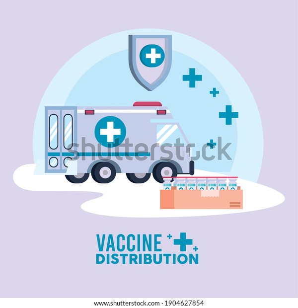 vaccine distribution logistics\
theme with ambulance and vials in box carton vector illustration\
design