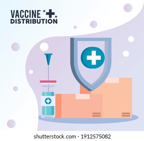 tema de logística de distribución de vacunas con cajas y diseño de ilustraciones de vectores de viales