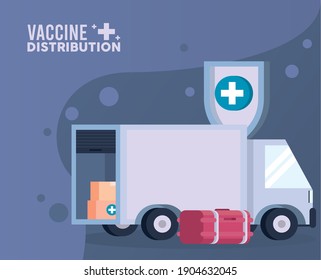 Vaccine Distribution Logistics Theme With Deep Freezer And Truck Vector Illustration Design